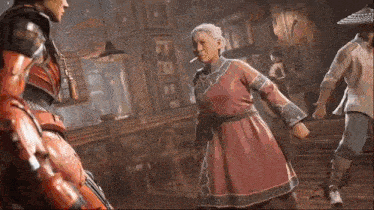 an elderly woman is smoking a cigarette in a video game while standing next to a man in armor .