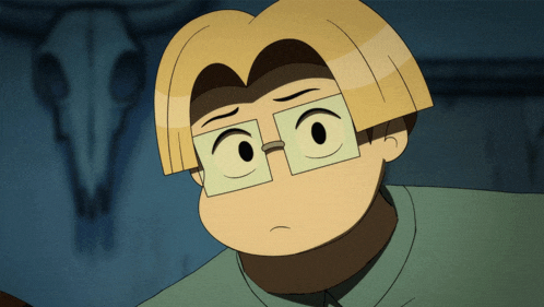 a cartoon character with blonde hair and glasses looks sad