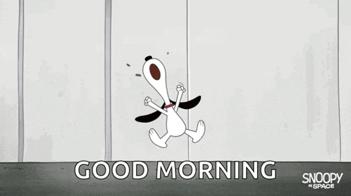 a cartoon of snoopy on a swing with the words `` good morning '' written on the bottom