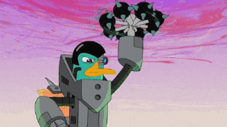 a cartoon of perry the platypus holding a giant hammer