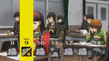 a group of people are sitting at desks in a classroom with the days of the week on the bottom