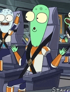 a cartoon character with a green head is sitting in a car seat with other characters