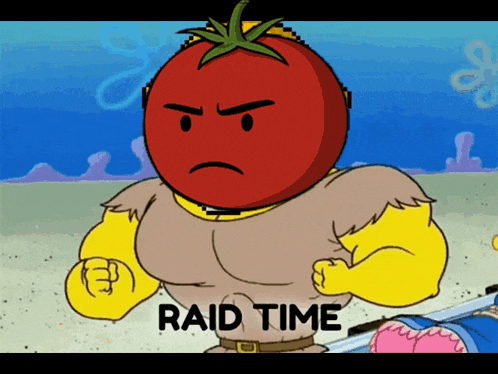 a cartoon character with a tomato on his head and the words raid time below him
