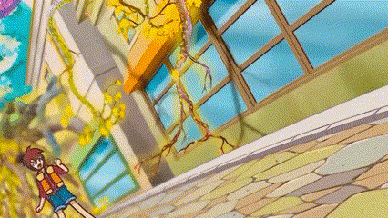 a cartoon of a boy walking down a sidewalk in front of a building .