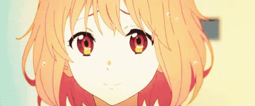 a close up of a anime girl with red eyes and orange hair .
