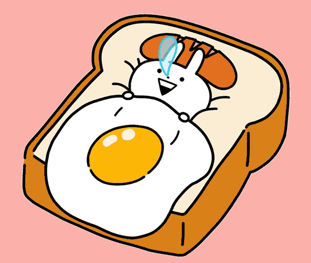a cartoon of a bunny laying on a piece of toast with an egg and sausage on it