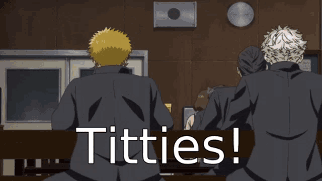 a group of people are sitting at a table with the words titties written on the bottom