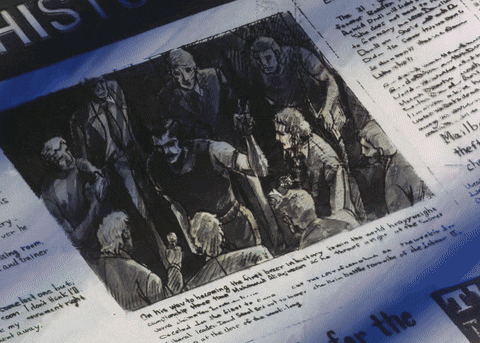 a book is open to a page with a drawing of a group of people and the word history on the top
