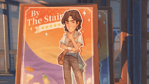 a poster with a man on it that says " by the stairs "