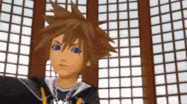 sora from kingdom hearts is standing in front of a window and looking at the camera with a serious look on his face .
