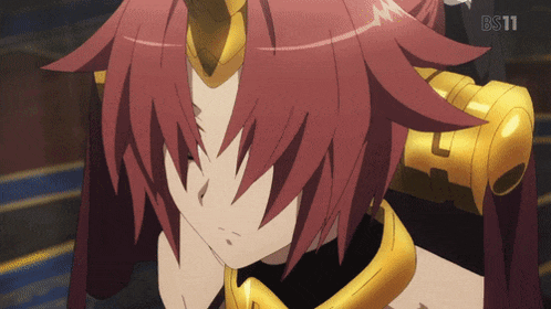 a close up of a red haired anime character with bs11 in the corner