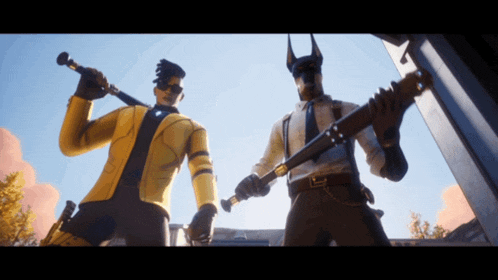 a man in a yellow jacket and a man in a white shirt are standing next to each other holding guns