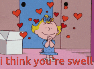 a cartoon of a girl with hearts on her head and the words " i think you 're swell " below her