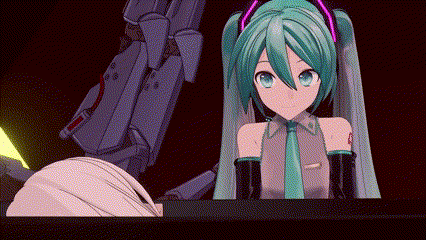 a hatsune miku anime character is sitting at a table