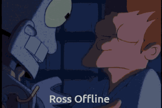 a cartoon of a robot with the words " ross offline " on the bottom