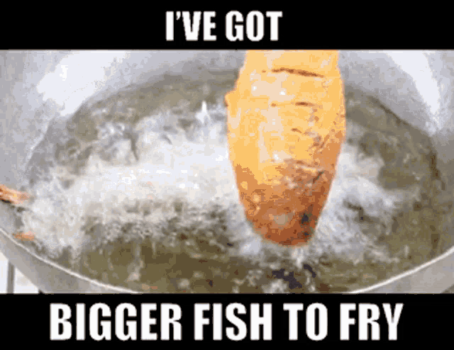 a fish is being cooked in a frying pan with the words " i 've got bigger fish to fry " below it
