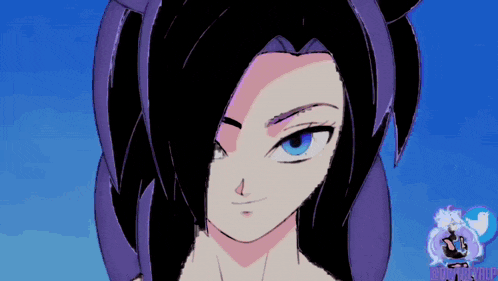 a drawing of a girl with purple hair and blue eyes with a blue sky behind her