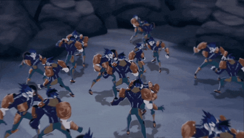 a group of cartoon characters are fighting each other in a dark room