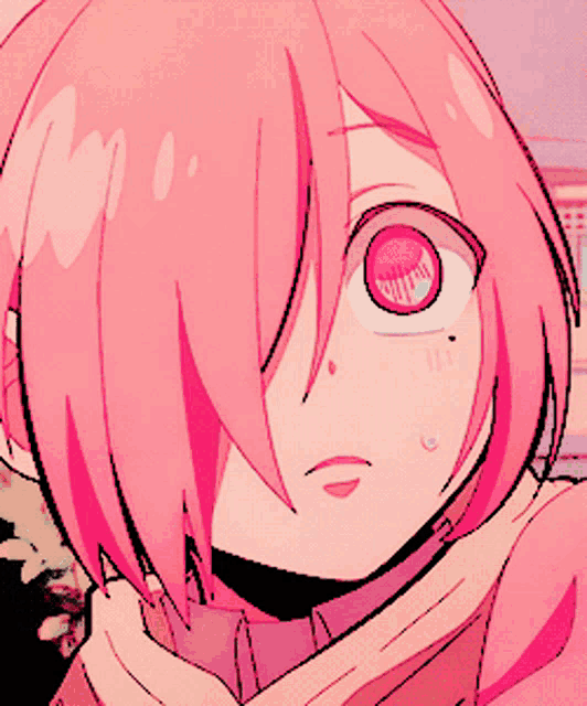 a close up of a girl with pink hair and a scarf around her neck