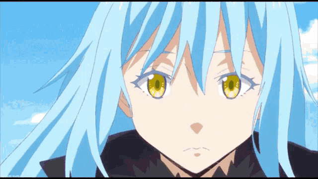 a blue haired anime girl with yellow eyes