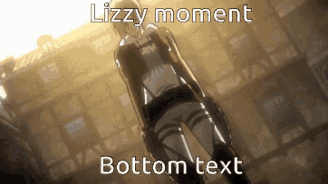 a lizzy moment bottom text with a picture of a person standing in front of a building