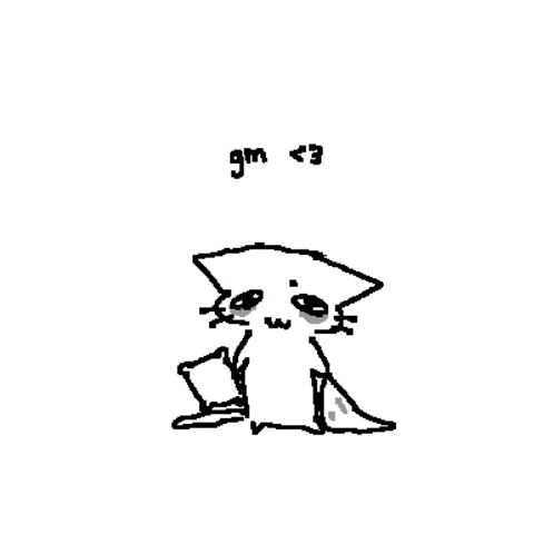 a black and white drawing of a cat with a sad face and the words `` gm < 3 '' .