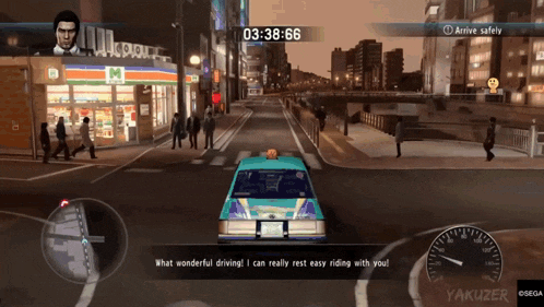 a video game screen shows a taxi driving down the street