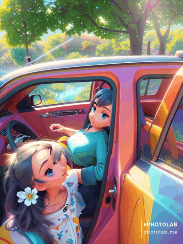 a picture of two girls in a car with the words photolab on the bottom right