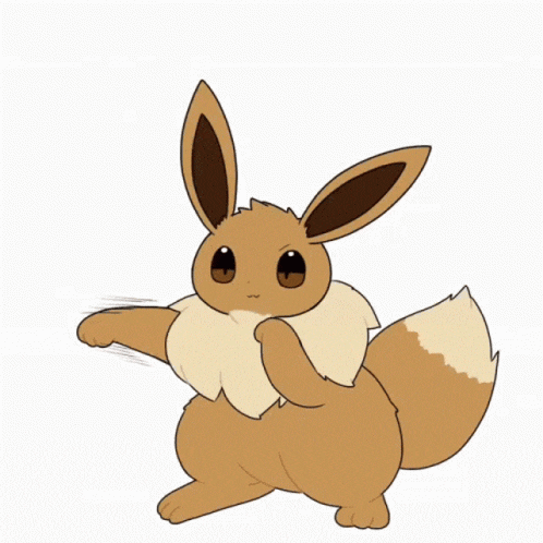 a cartoon eevee is standing on a white background and looking at something .