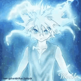 a drawing of a boy with white hair and the name weoble
