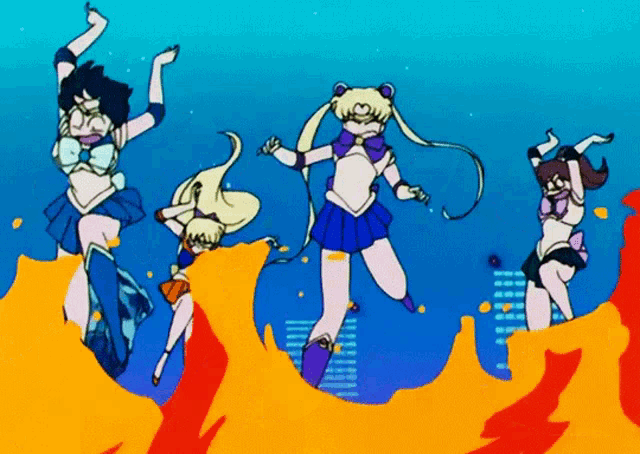 a group of anime characters are jumping in the air with their arms in the air