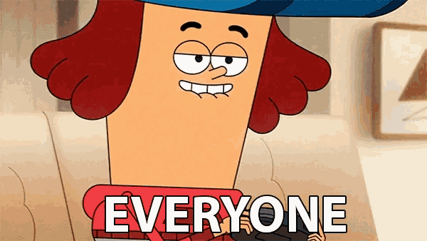 a cartoon character is sitting on a couch and the word everyone is on the screen