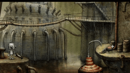 a drawing of a robot standing next to a barrel with a plus sign on it