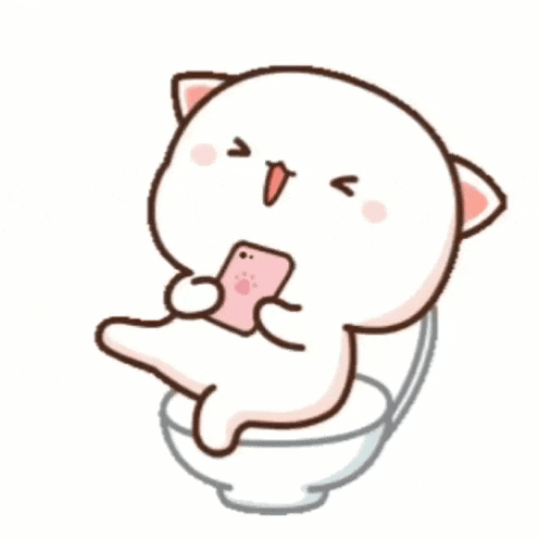 a cartoon cat is sitting on a toilet holding a cell phone in its mouth .