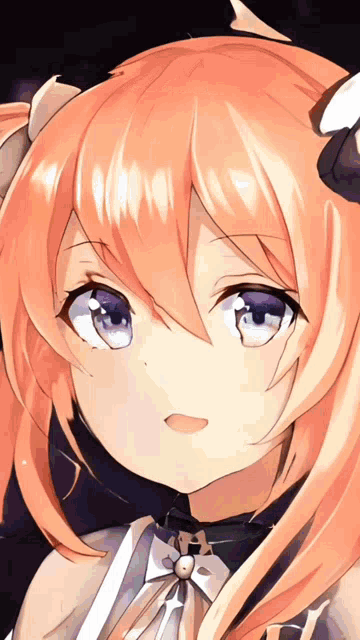 a close up of a girl 's face with orange hair and blue eyes