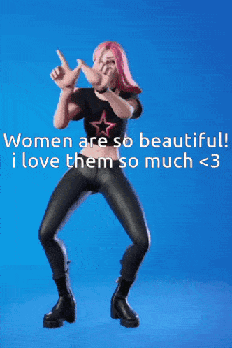a woman with pink hair is dancing with the words women are so beautiful i love them so much < 3 on the bottom