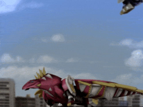 a robot is jumping over a dinosaur in a city