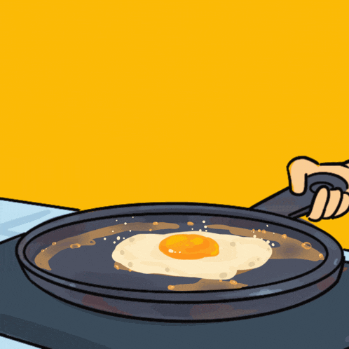 a bald man wearing goggles is cooking an egg in a pan