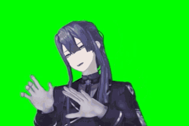 a 3d anime character with long blue hair and white gloves is making a stop sign with his hands .