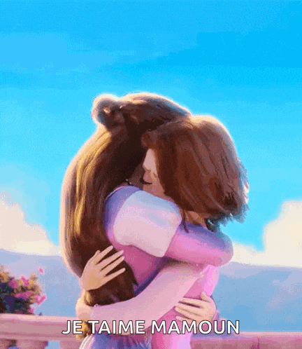two cartoon characters hugging each other with the words je t'aime mamoun written below them