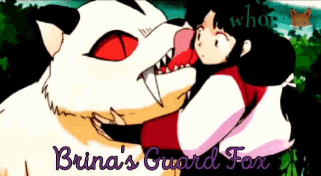 a cartoon of a girl being kissed by a cat with the words brina 's guard fox below it