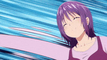 a girl with purple hair is smiling with her eyes closed and her arms outstretched