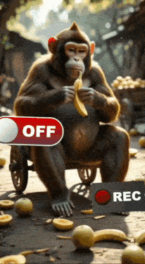 a monkey eating a banana next to an off button and a recording button