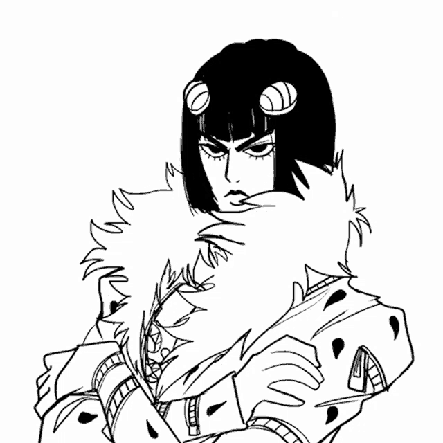 a black and white drawing of a man wearing a fur coat with horns .