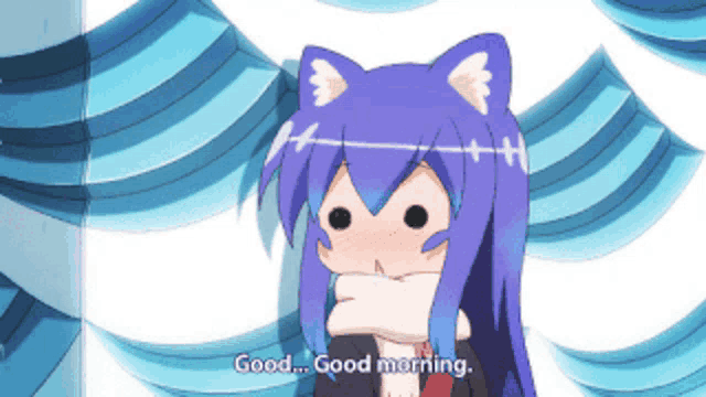 a girl with blue hair and cat ears is saying good morning