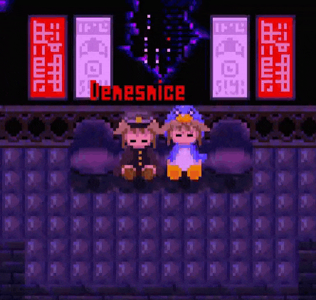 two pixel art characters are sitting in front of a sign that says ' ueresnice '