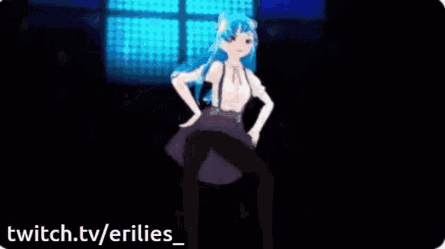 a girl with blue hair is dancing on a twitch.tv/erilies_ logo