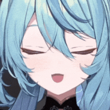 a close up of a blue haired anime girl with her eyes closed and her mouth open