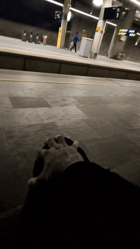a person standing on a train platform with a sign that says ' 5 ' on it