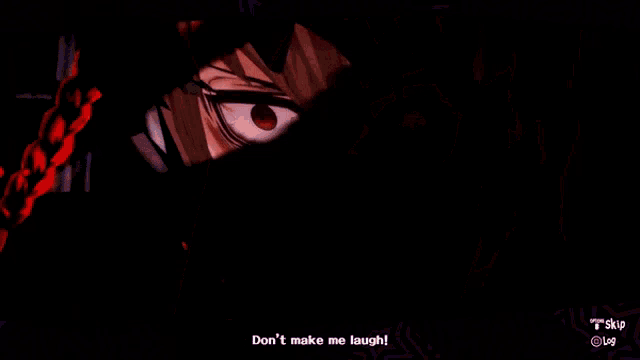 a close up of a person 's face in a video game with the option to skip and log